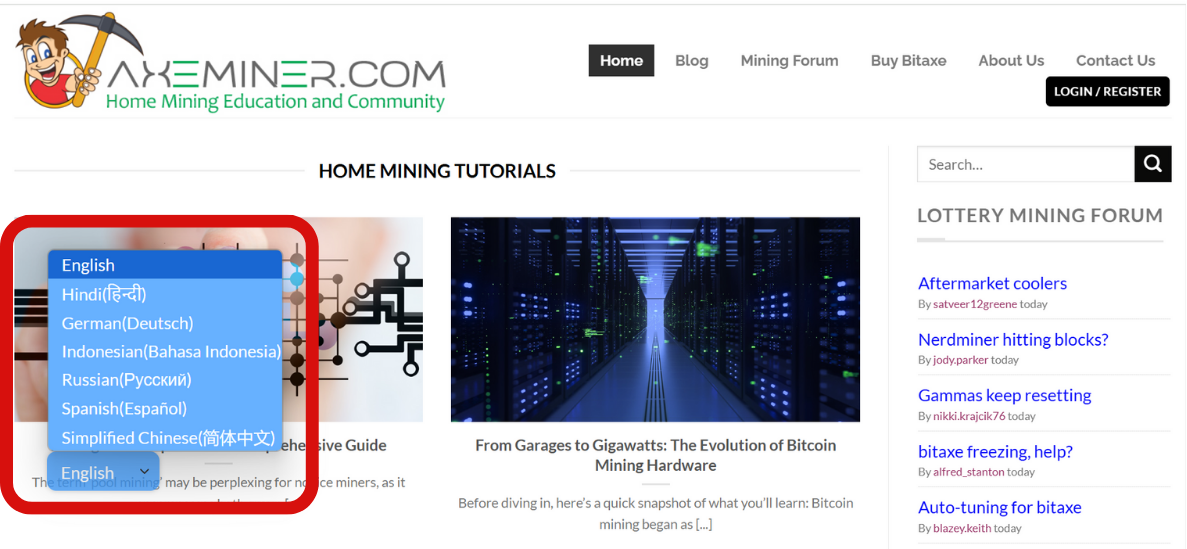 Axeminer-Website mit MultiLipi-Sprachumschalter